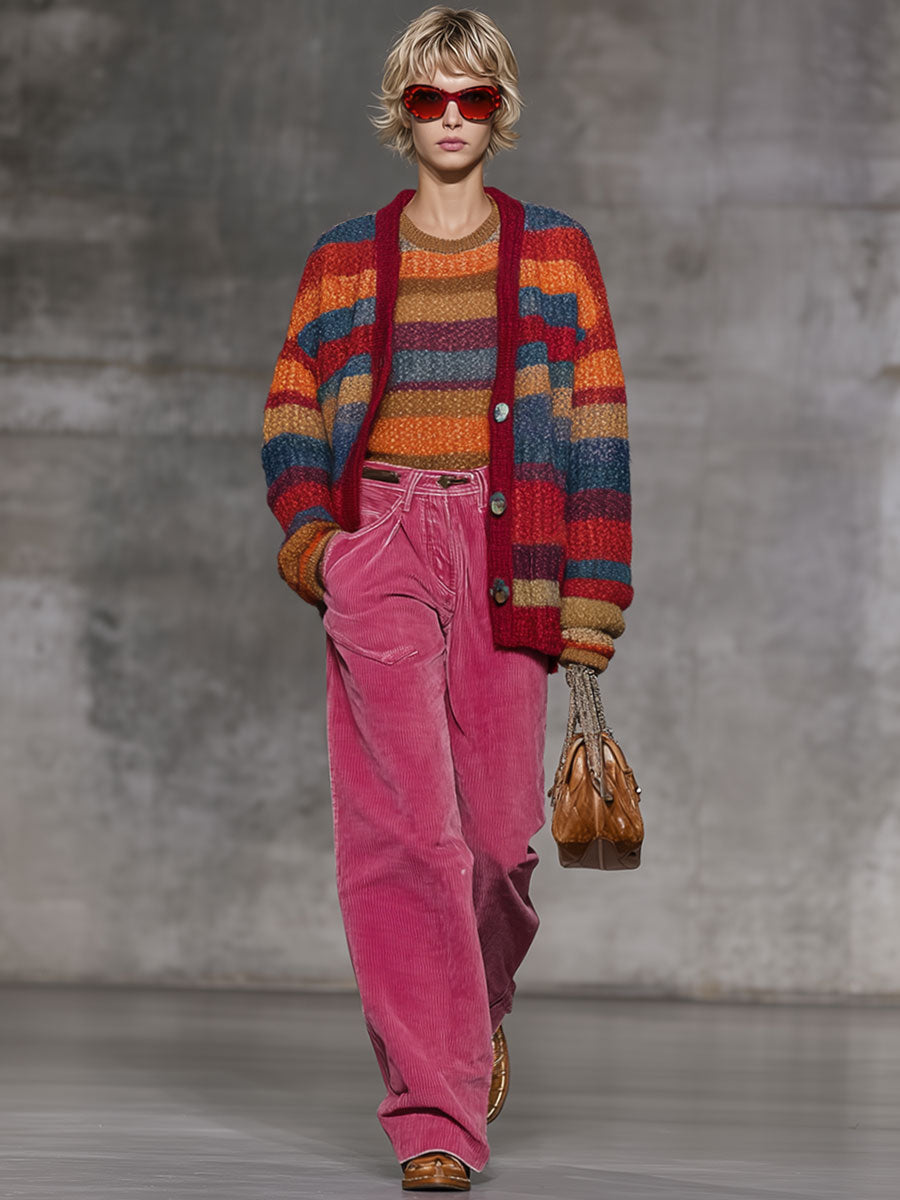 Cardigan Retro en Tricot à Rayures Arc-en-Ciel avec Boutons