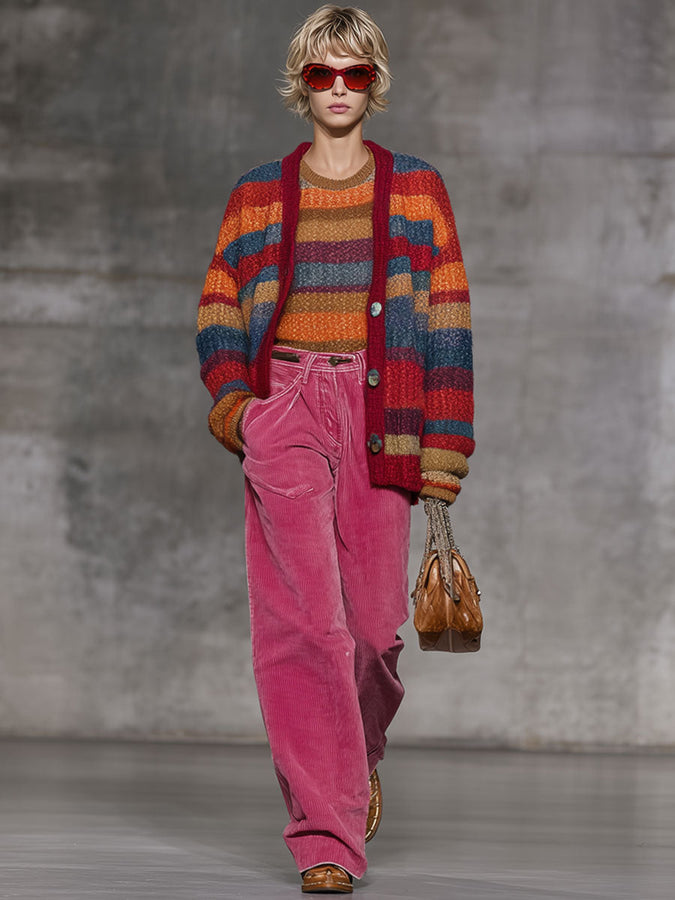 Cardigan Retro en Tricot à Rayures Arc-en-Ciel avec Boutons