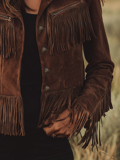 Veste en Suède Marron avec Franges - Élégance Western à Zip