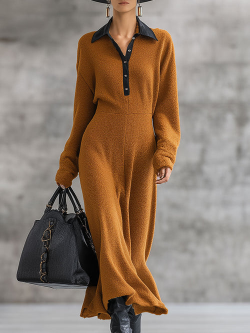 Robe Maxi en Fleece Caramel Vintage avec Col Polo