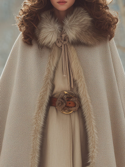 Élégant Manteau Cape Beige avec Finition en Fourrure Vintage