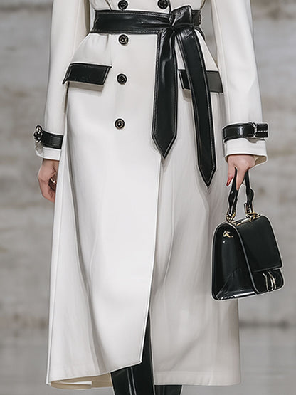 Élégant Manteau Mi-Long en Simili Cuir avec Col et Détails Blancs