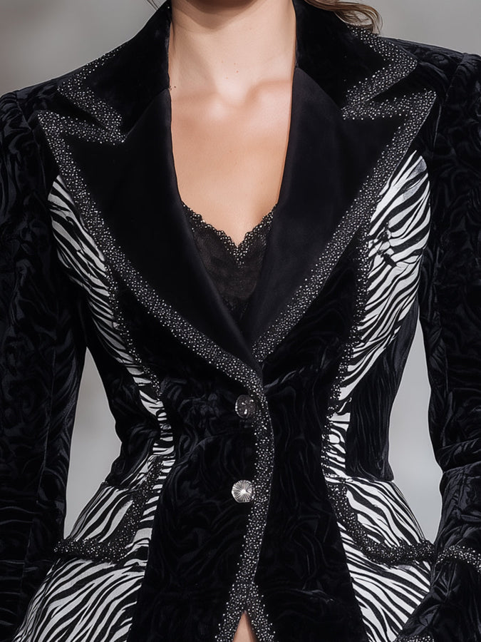 Veste en Velours Noir à Imprimé Zebra Patchwork avec Boutons
