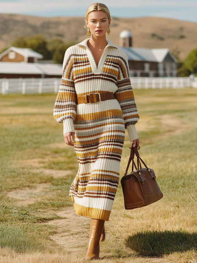 Robe Midi Tricotée à Rayures Jaunes et Marron avec Fermeture Éclair à Demi-Taille