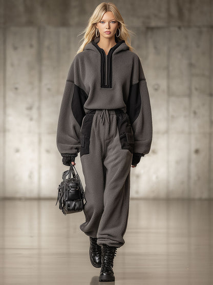 Ensemble Décontracté en Polaire Grise Vintage avec Sweat à Capuche et Pantalon