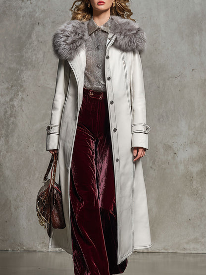 Long White Faux Leather Coat with Retro Fur Collar - Effortlessly Chic