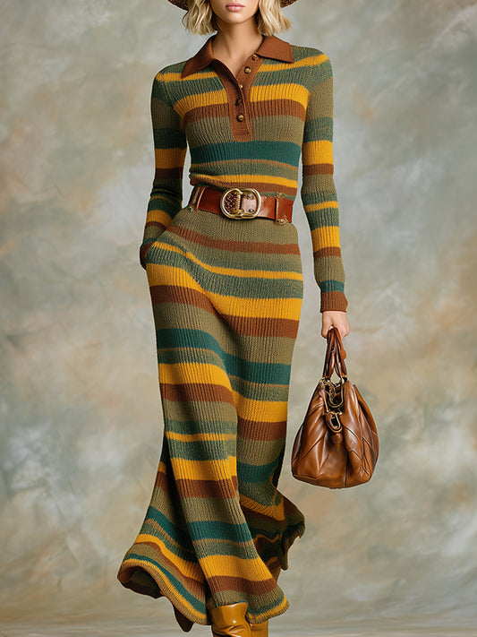 Robe Maxi Tricotée à Rayures Vertes et Marron avec Détails Western Vintage