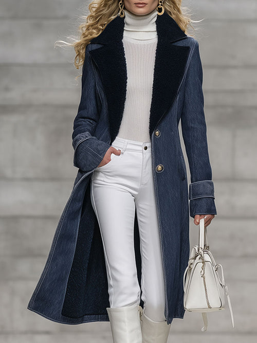 Veste en Jean Vintage Casual Doublée en Polaire Bleu Marine