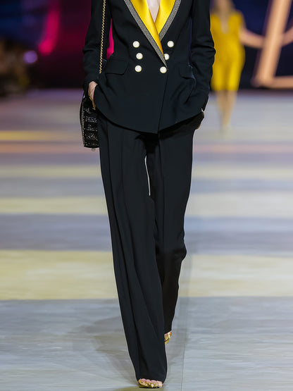 Veste Noir Élégante à Col Contrasté et Double Boutonnage