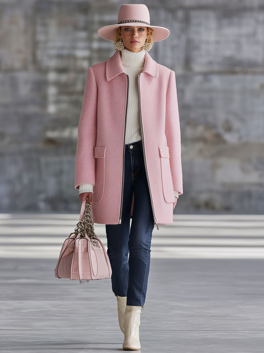 Veste en laine rose rétro à zip avec poches pratiques