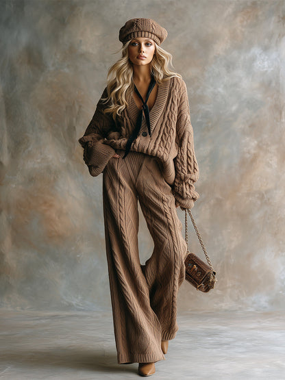 Ensemble Décontracté en Tricot Torsadé Marron avec Pantalon à Jambes Larges