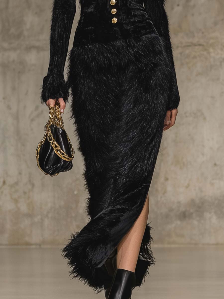 Robe Maxi Élégante au Col V Rétro avec Boucle Métallique, Épaules en Velours Noir et Ourlet en Fourrure Synthétique