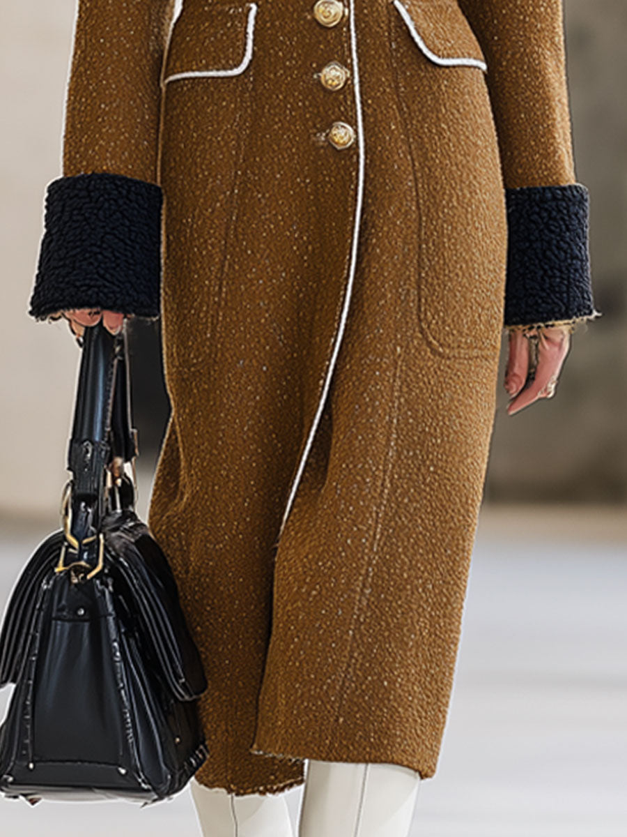 Long Camel Wool Coat with Retro Black Fleece Panels - Oversized Style