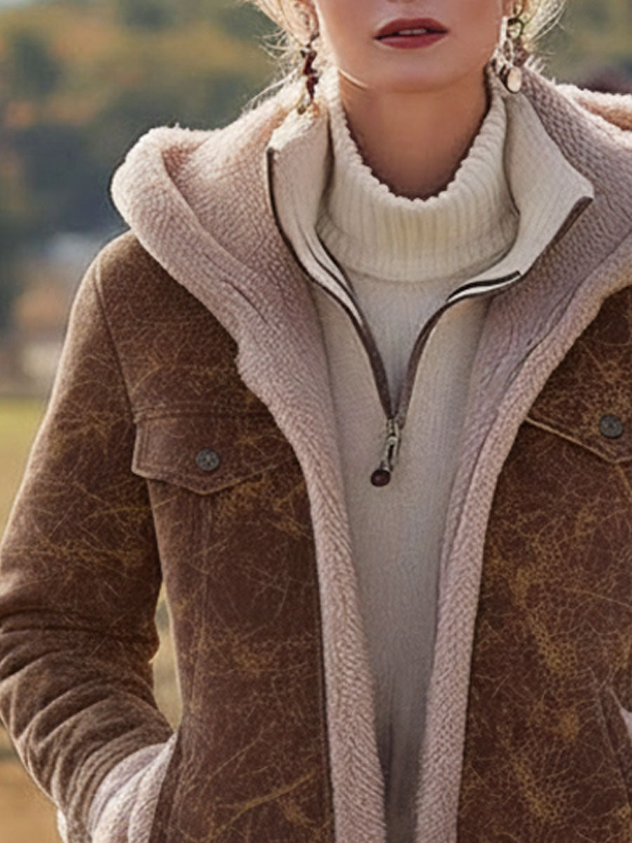 Veste à Capuche en Suède Synthétique Texturé Marron avec Doublure en Fleece Polaire Style Western Vintage