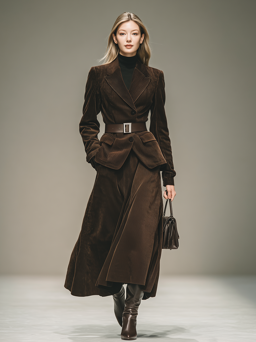 Élégant Ensemble Blazer et Jupe en Velours Côtelé au Style Western Vintage