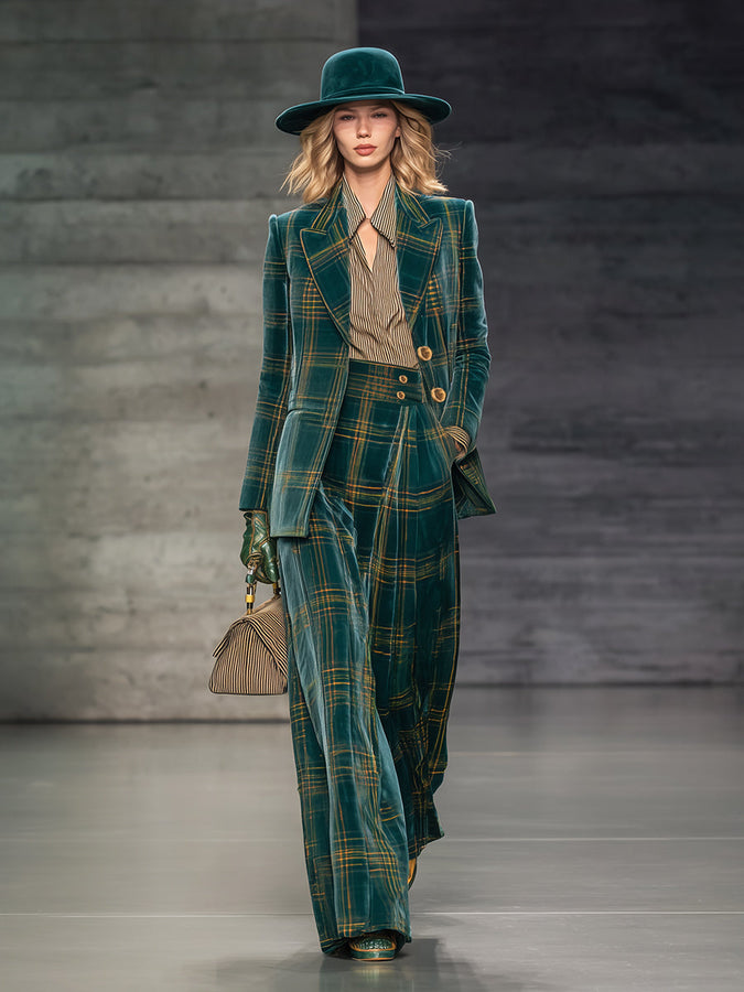 Blazer Velours à Motif Carreaux Verts Chic avec Pantalon Large Taille Haute