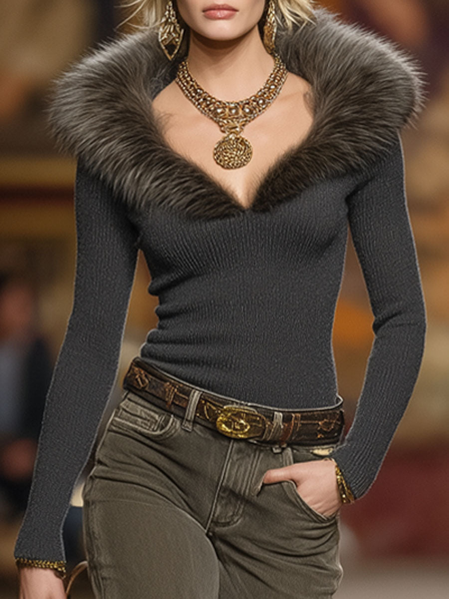 Pull V-Neck Gris Foncé avec Col en Fausse Fourrure Chic