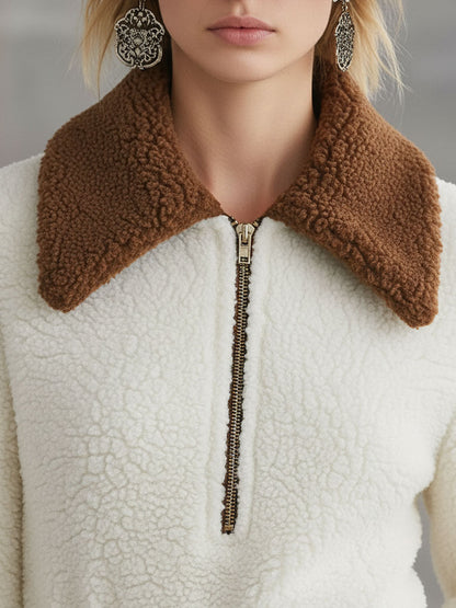 Robe Midi en Polaire Blanche à Lacets - Style Western Rétro avec Demi-Zip