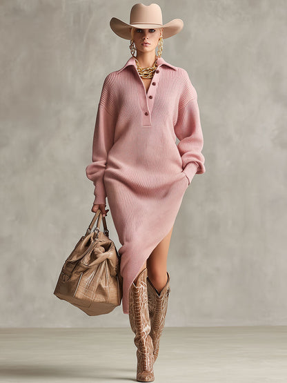 Robe Midi Tricotée avec Col Revers et Fente Latérale, Équipée de Poches Doubles