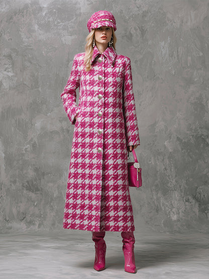 Veste Vintage Longue en Vichy Rose à Revers Ample