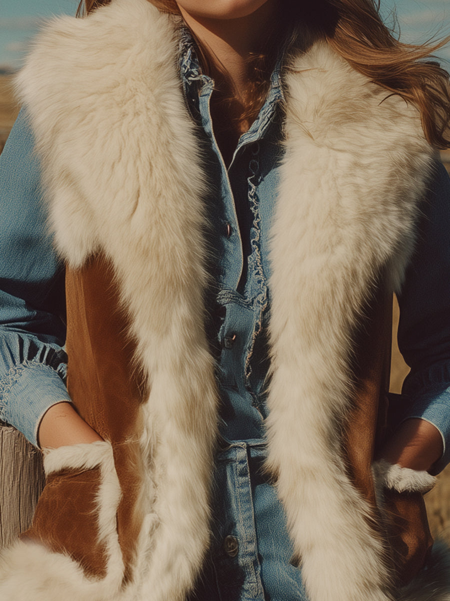 Veste Western en Faux Suède Marron avec Doublure en Fourrure Synthétique