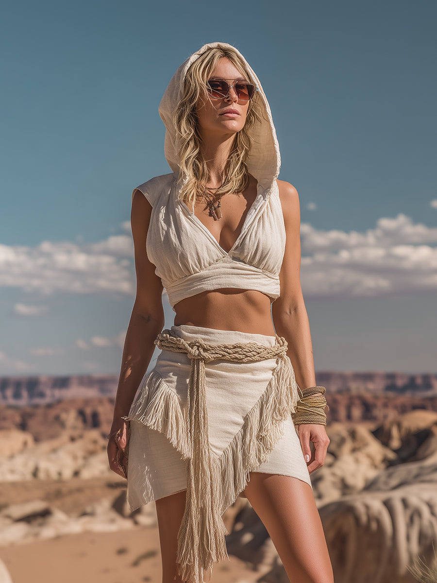 Expédition Rapide en 24 Heures : Sweat à Capuche Rétro Chic avec Jupe à Franges en Coton et Lin Beige