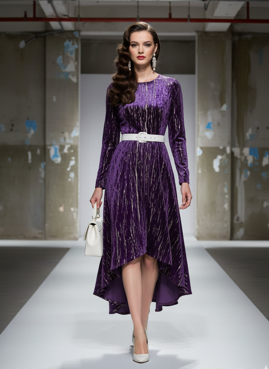 Robe Midi en Velours Violet Luxe avec Col Rond et Détails Estampillés - Style Long et Court