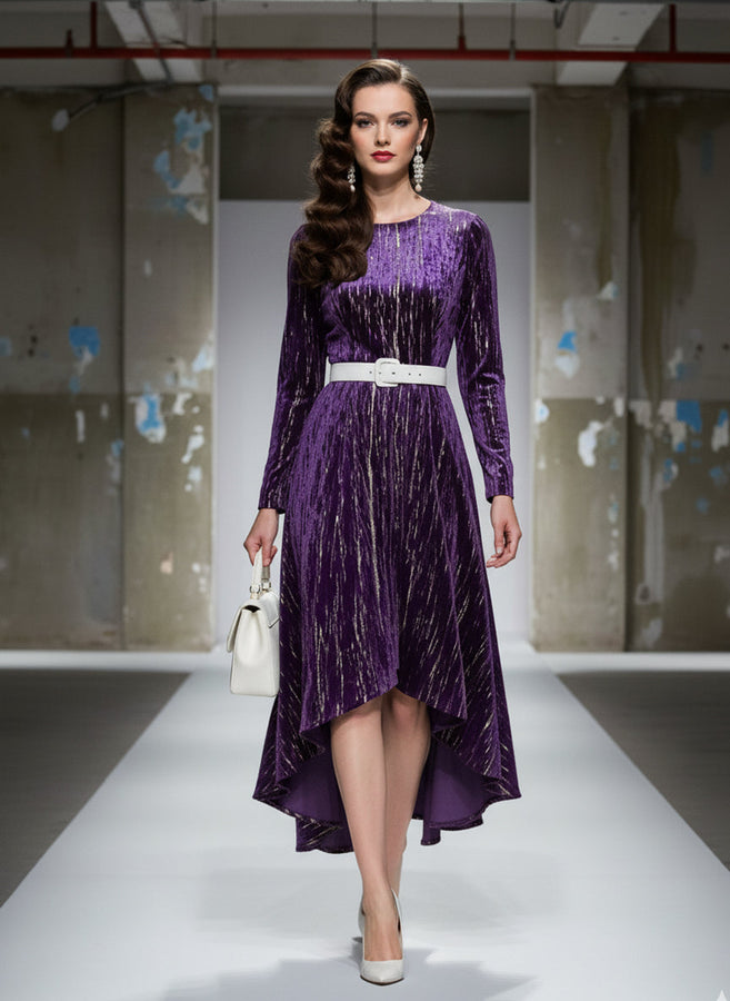 Robe Midi en Velours Violet Luxe à Col Rond - Jupe Longue et Courte avec Estampage Élégant