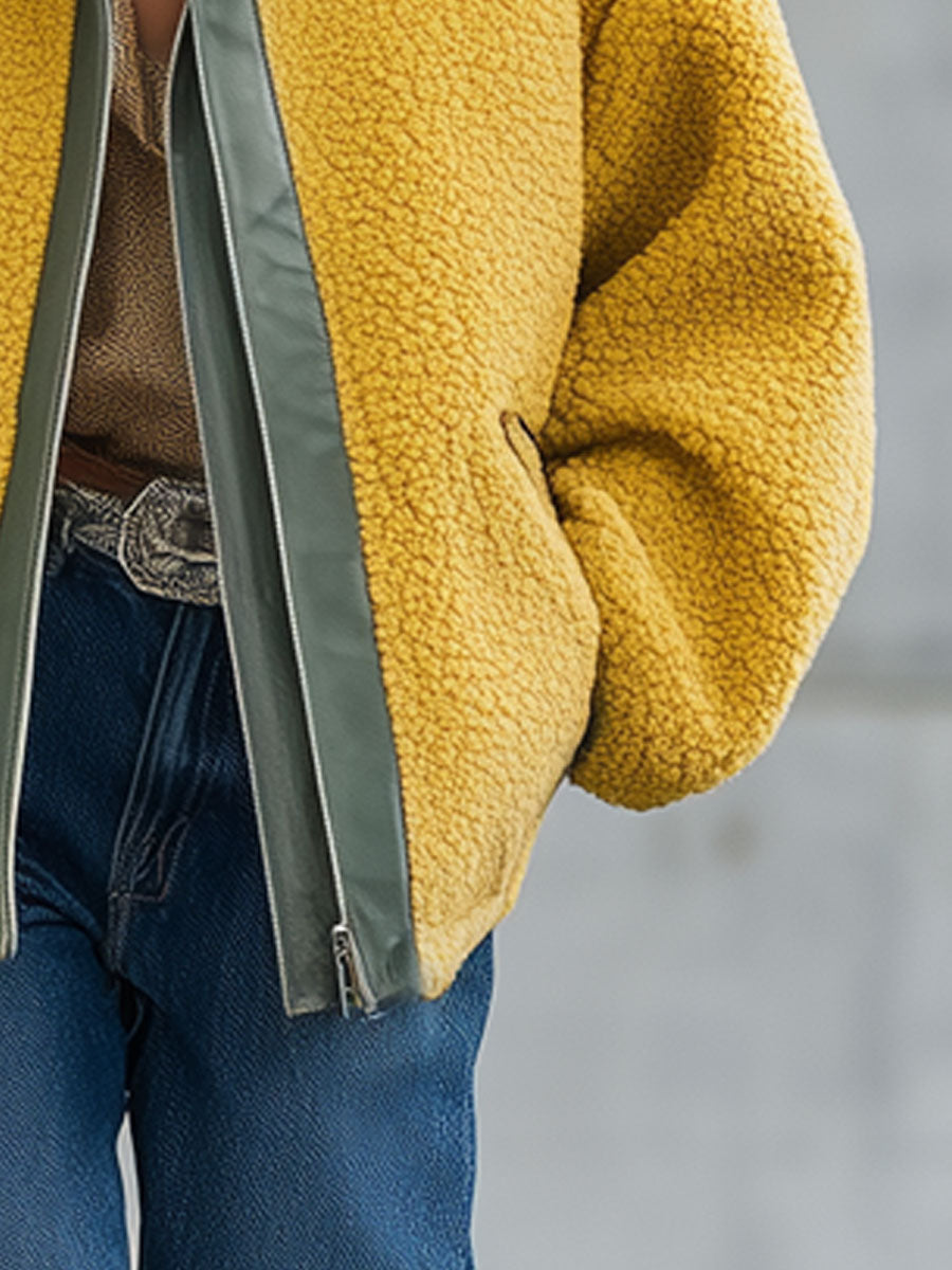 Veste Polaire Jaune Nomade Urbain avec Détails en PU - Style Rétro