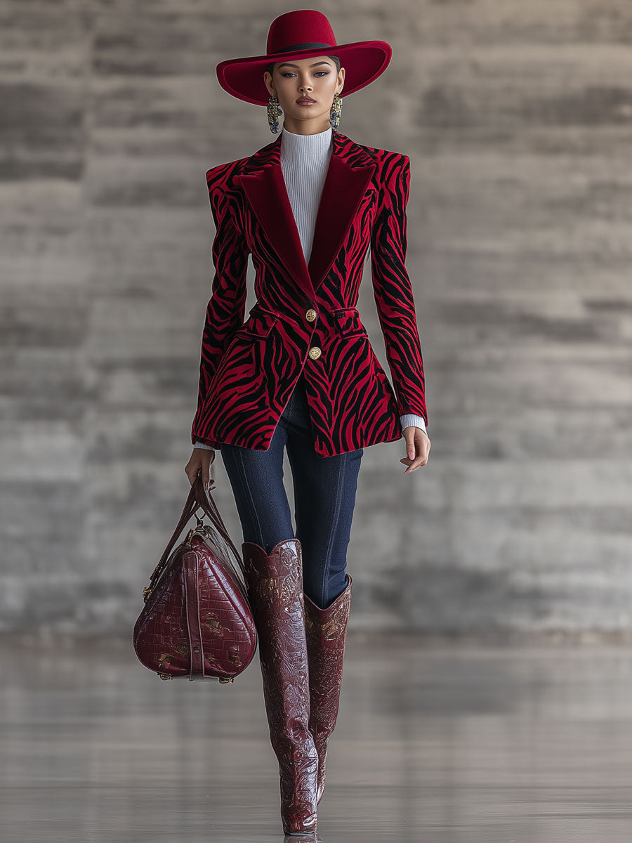 Veste en Velours Rouge à Imprimé Zèbre - Chic Nomade Urbain au Style Rétro