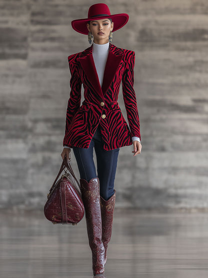 Veste en Velours Rouge à Imprimé Zèbre - Élégance Urbaine au Style Rétro