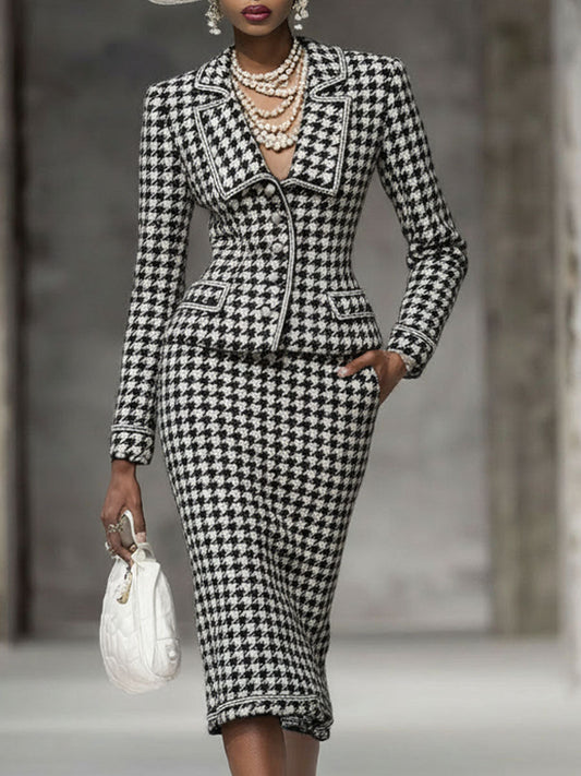 Chic Ensemble Blazer et Jupe à Motif Carreaux Noir et Blanc