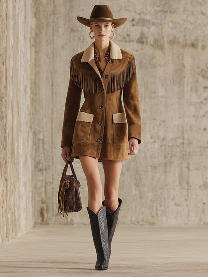 Veste en Suède Synthétique avec Col Sherpa et Franges Western Chic