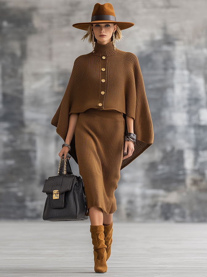 Ensemble Décontracté en Tricot : Jupe Cape Marron au Style Rétro