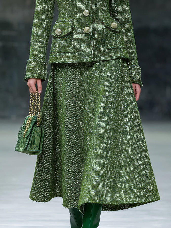 Ensemble Chic en Tweed avec Veste et Jupe, Orné d'un Col en Fourrure Synthétique Rétro