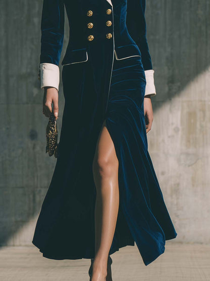 Robe Maxi Élégante en Velours Bleu Foncé avec Revers Contrastés et Double Boutonnage - Vintage Chic