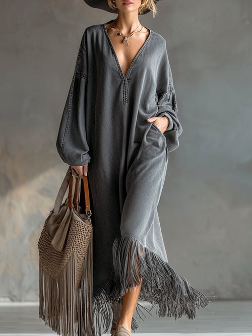Maxi Robe en Denim Gris Élégante avec Franges Chic