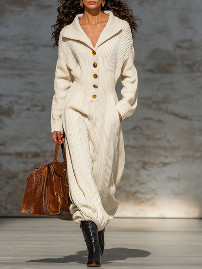 Combinaison Tricotée Élégante avec Col Revers et Boutons Décontractés