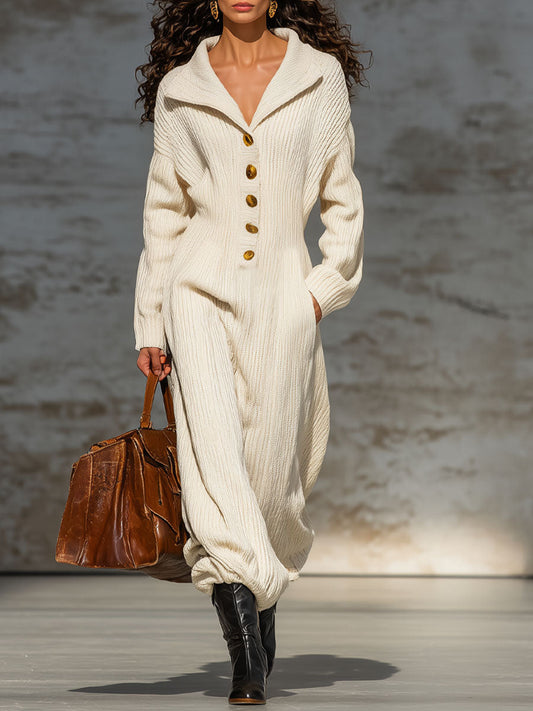 Combinaison Tricotée Élégante avec Col Revers et Boutons Décontractés