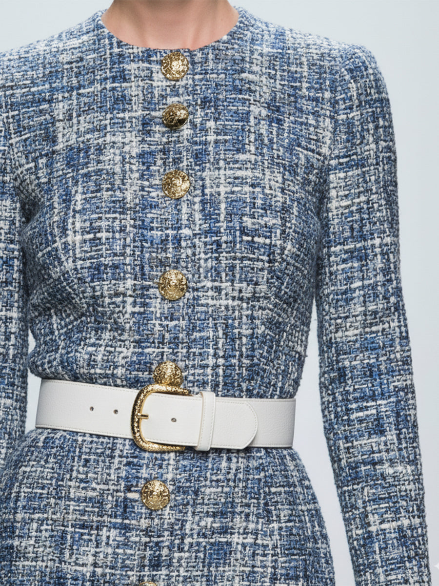 Robe Maxi Fishtail en Tweed Bleu à Boutons Élégants