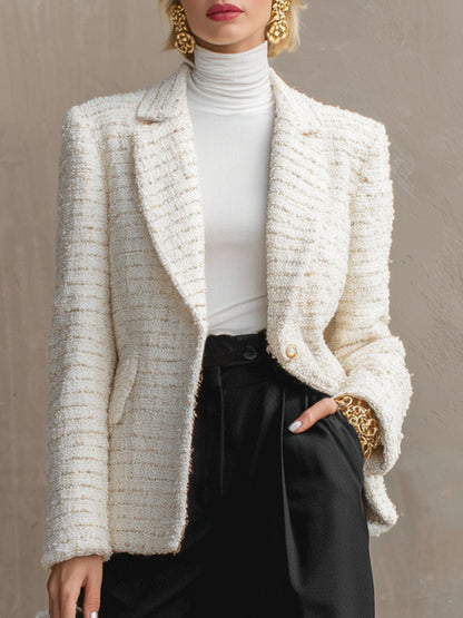 Tweed Blazer avec Revers, Bouton Unique et Double Poche