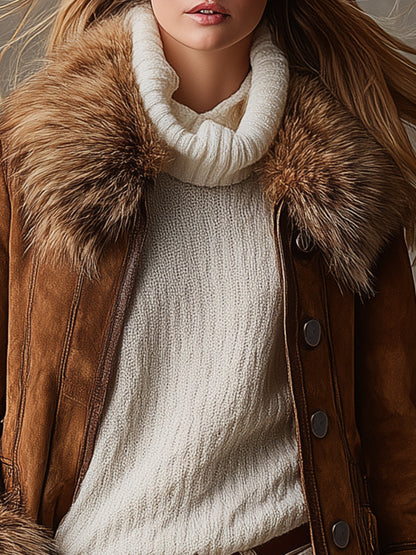 Veste en Suède Synthétique Marron avec Éléments en Laine Vintage Style Western