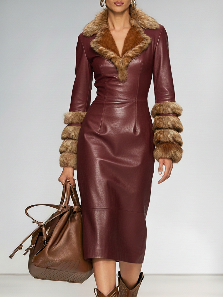 Robe Midi Chic en Simili Cuir avec Col en Fausse Fourrure - Élégance Urbaine Rétro