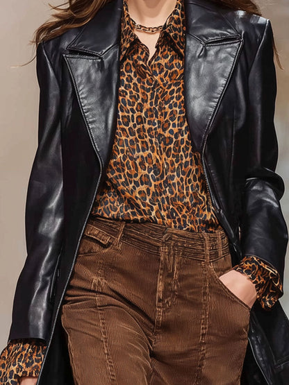 Blazer Noir en Similicuir au Style Rétro avec Revers Ample