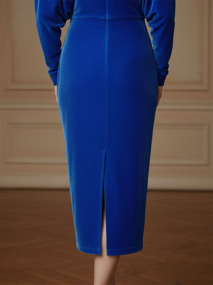 Robe Midi Velours Bleu Royal : Élégance Rétro avec Manches Chauve-Souris et Décolleté en V