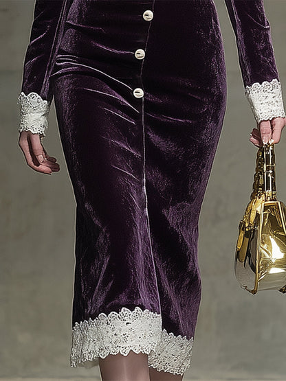Robe Midi Élegante en Velours Violet avec Broderie en Dentelle et Détails Boutonnés