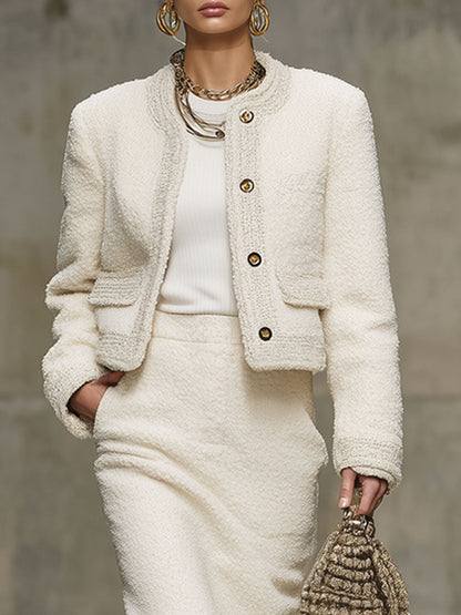 Ensemble Fleece Élégant avec Veste à Poches et Jupe à Col Rond