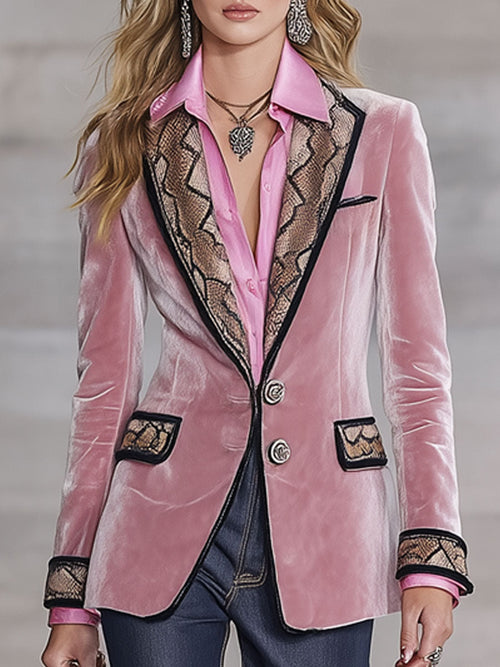 Veste en Velours Rose Rétro Western avec Motif Serpent
