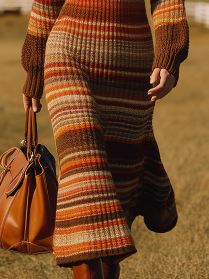 Robe Midi Rayée Rouge et Marron à Demi-Zip au Style Rétro