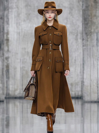 Veste en Laine Caramel Brun avec Col Élégant